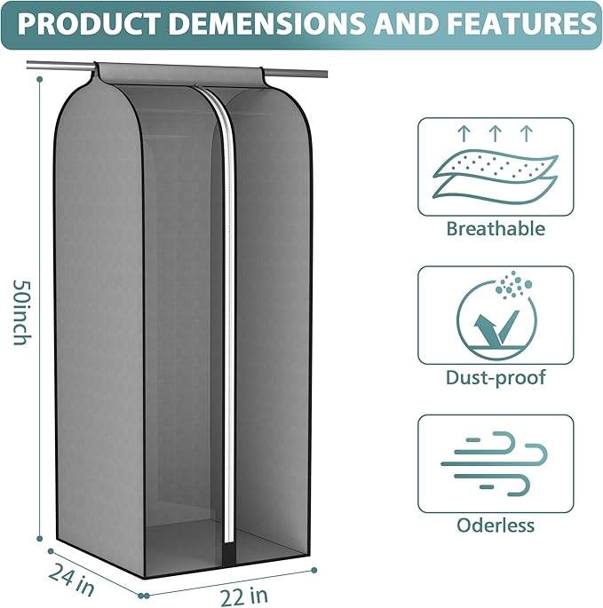 22” Gusseted Garment Bags for Hanging Clothes, Large Clear Window Clothes Cover for Closet Storage, Wardrobe Coat Protector for Suit, Shirt Long Dress, Bottom Enclosed, 2 Pack, 50” Long