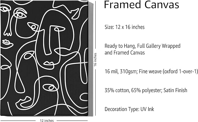 Abstract Face Pattern Wrapped Canvas Wall Art Black Background White Continuous Line Drawing 12x16 Inch Gallery Stretched Modern Home Art Decor