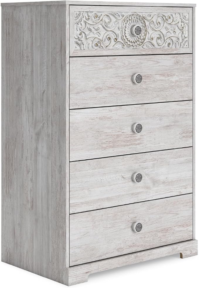 Signature Design by Ashley Paxberry Boho 5 Drawer Chest of Drawers, Whitewash