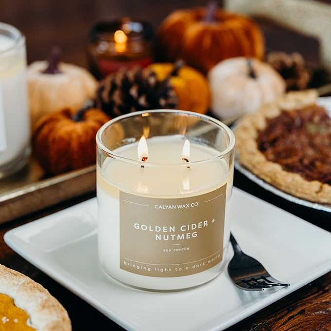 Calyan Wax Co. Golden Cider & Nutmeg 2 Wick Scented Candle - 37 Hour Burn - Luxury Non Toxic Soy Wax Candles - Long Lasting Large Glass Jar Candle for Home - 8.8oz