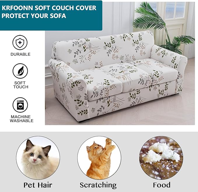 KRFOONN 4 Piece Printed Sofa Couch Cover for 3 Cushion Couches Stretch Sofa Slipcovers with 3 Separate Seat Cushion Covers Washable Furniture Protector with Elastic Bottom (Sofa, 50)
