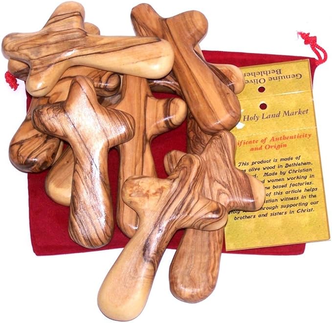 10 Olive Wood Holding Hand Crosses with Gift Bags (With Red or Black Velvet Bag ) From Bethlehem