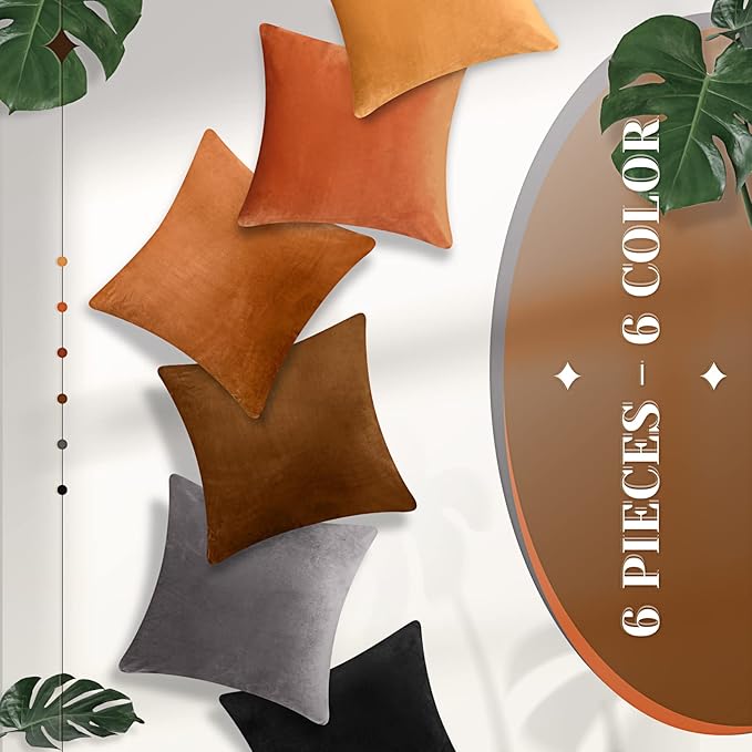 Pack of 6 Decorative Velvet Throw Pillow Covers Solid Square Soft Pillowcase Set Cushion Cases for Sofa Couch Bed Car Christmas Fall Home Decor 18 x 18 inch(Orange Color Scheme)