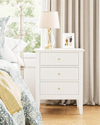 Fluted Nightstand, Farmhouse Night Stand with 3 Drawers, Mid Century Modern Side Accent Table,Bedside End Table for Bedroom, Living Room, White