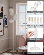 64IN Dimmable White Floor Lamp, Tall Standing Lamps with 5 Globe Soft Warm White Eye Care 3000K G9 Bulbs, Mid Century Modern Floor Lamp for Living Room Bedroom Office