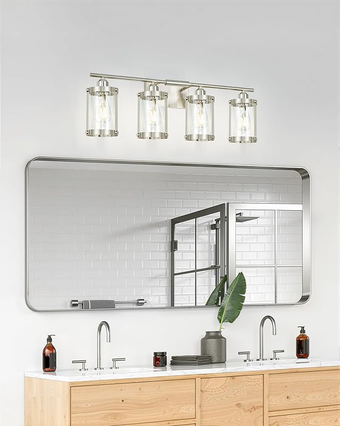 4-Light Brushed Nickel Bathroom Light Fixtures, 29 Inch Modern Bathroom Vanity Lighting Fixtures Over Mirror with Clear Glass and Metal Cage Wall Sconce Lights for Bath, E26, OS-3014BN-4W
