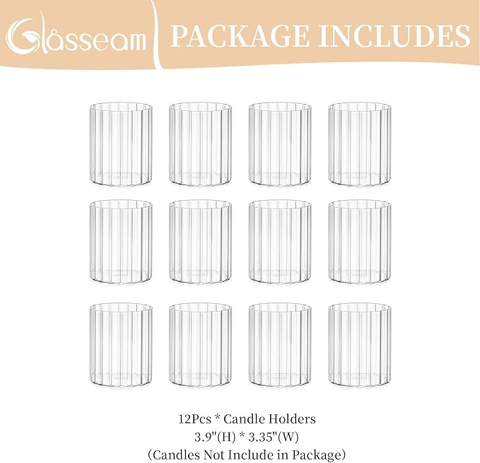 Glasseam Glass Hurricane Candle Holder: Ribbed Cylinder Candle Holders Set of 12 Clear Pillar Candle Holders for Table Centerpiece Modern Floating Candle Vases for Decor Wedding ChristmasParty 3.94’’
