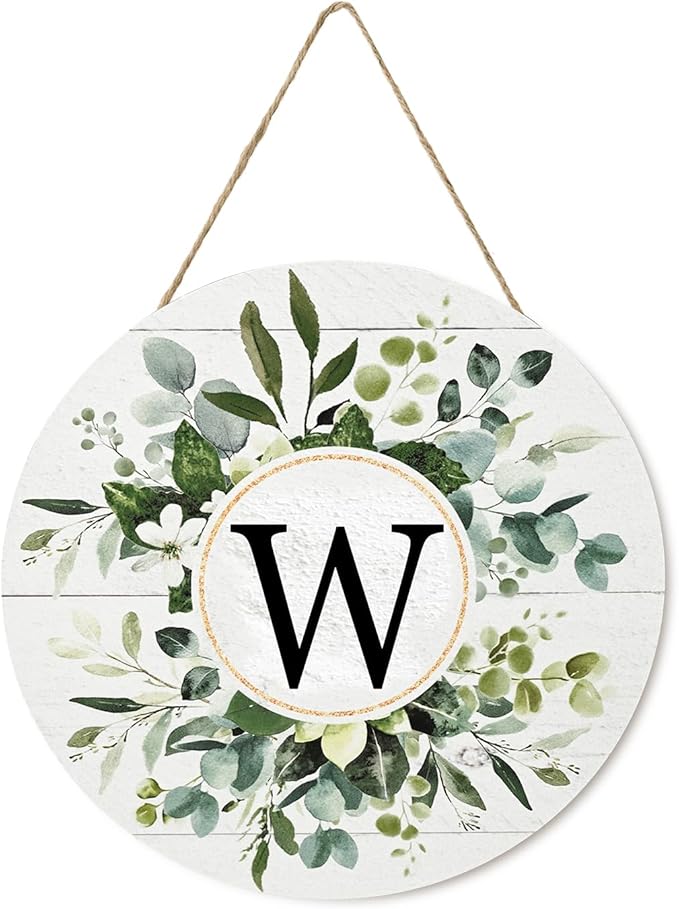 Smile Monogram Letter W Wreaths Wooden Welcome Sign, Family Last Name Initial Front Door Wall Decoration, Floral Spring Summer Porch Rustic Home Kitchen Decor