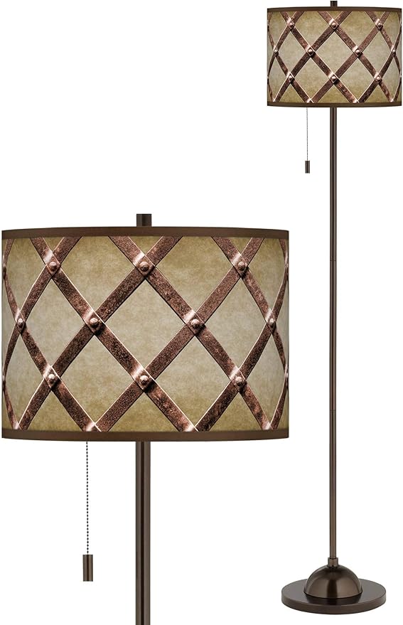 Modern Rustic Industrial 62" Tall Standing Floor Lamp Skinny Club Pole Pull Chain Brown Tiger Bronze Finish Living Room Bedroom House Reading Office Home Décor Metal Weave Drum Shade