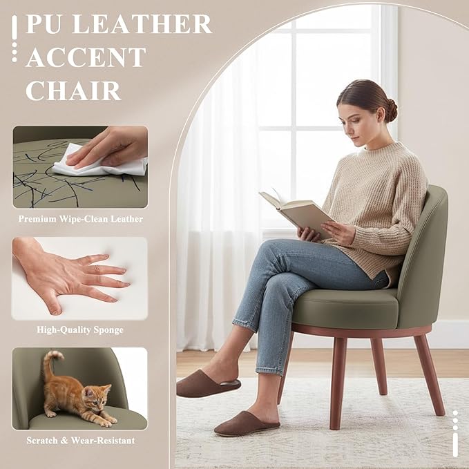 Accent Chair Mid-Century Modern Chair PU Leather Upholstered Armless Chair Set of 2, Suitable for Living Room, Bedroom, Balcony,Olive Green