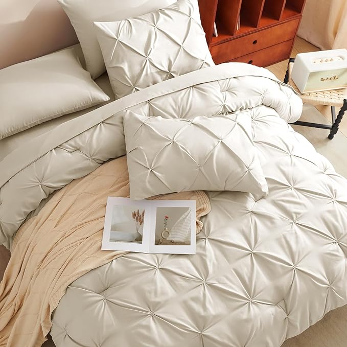 CozyLux Twin Comforter Set with Sheets Beige, 5 Pieces Pintuck Bed in A Bag, Twin Bed Set Gift for Family, Pinch Pleat Bedding Set with Comforter, Sheets, Pillowcase & Sham
