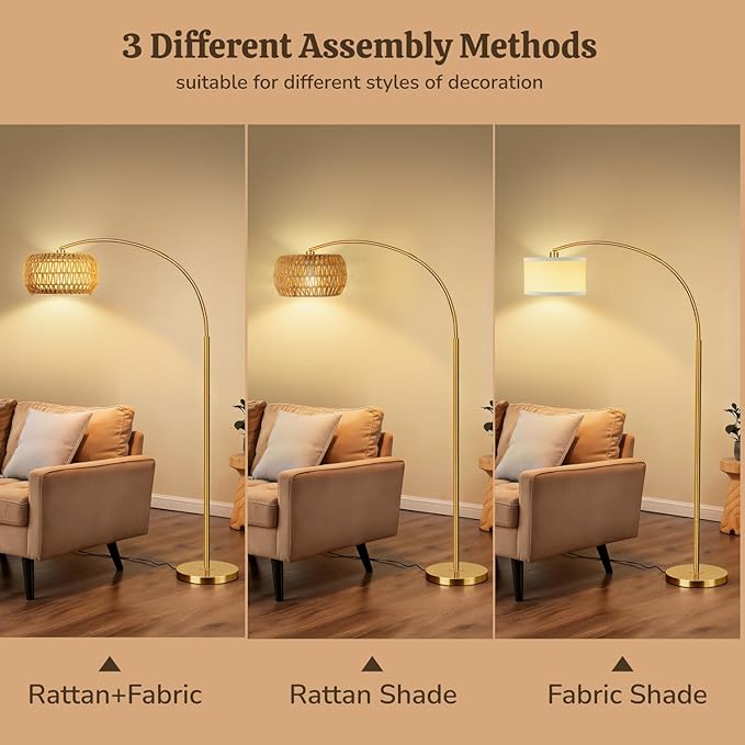 Gold Floor Lamps for Living Room, Arc Floor Lamp with Remote & Dimmable Bulb, Boho Standing lamp with 3 Color Temperatures, Adjustable Rattan & Fabric Shades Tall Lamp, Over Couch Reading Lamp