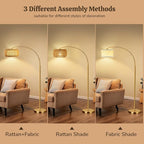 Gold Floor Lamps for Living Room, Arc Floor Lamp with Remote & Dimmable Bulb, Boho Standing lamp with 3 Color Temperatures, Adjustable Rattan & Fabric Shades Tall Lamp, Over Couch Reading Lamp