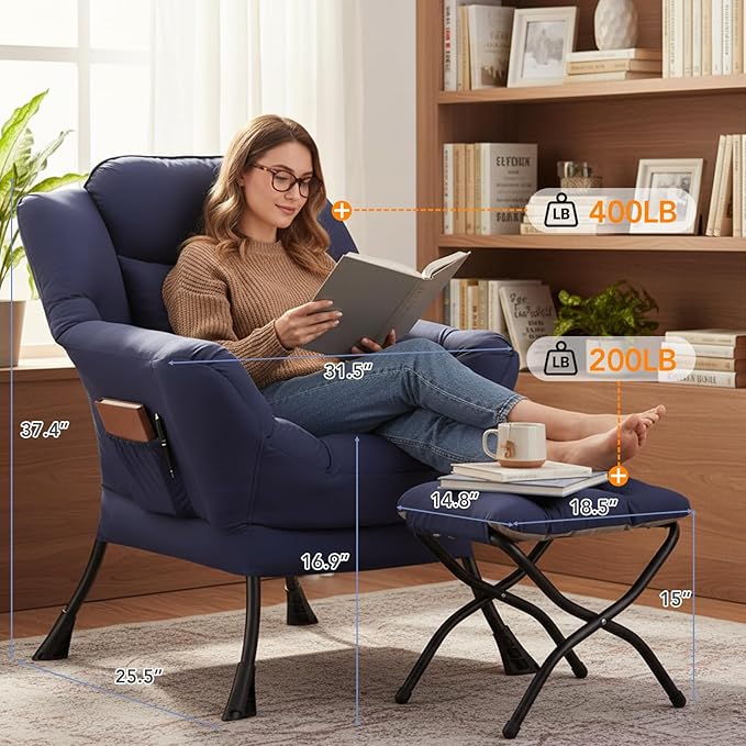 Lazy Chair with Ottoman, Large Lounge Accent Chair with Ottoman and a Throw Pillow, Navy Reading Chair for Living Room Bedroom Dorm Room Office Apartment Relaxing Use