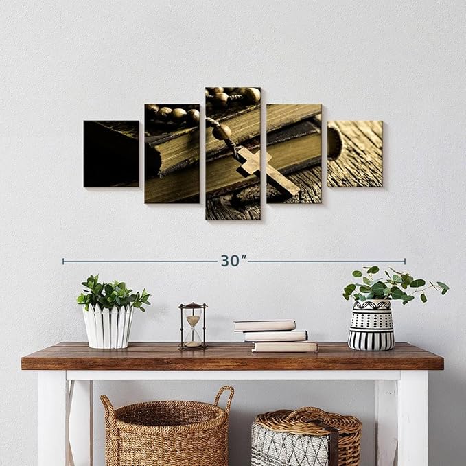 Elephant Stock Bible And Cross Wall Art Multi Piece Canvas - 5 Panel Christian Pictures Decor - Digital Design Canvas Print - Christian Wall Decor - 29" X 12"