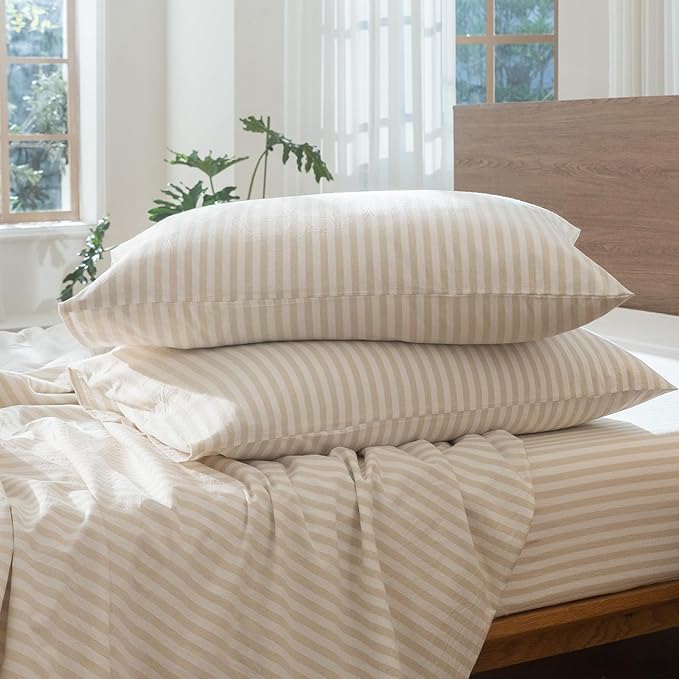 MooMee Striped Duvet Cover Set 100% Washed Cotton Linen Like Textured Breathable Durable Soft Comfy (Almond Milk Grey Classic Stripes, Oversized Full 82"x86")