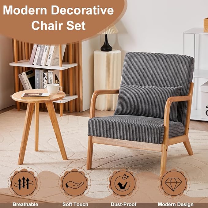 KEIKI Mid-Century Modern Upholstered Accent Chair with End Table, Lounge Chair Combo