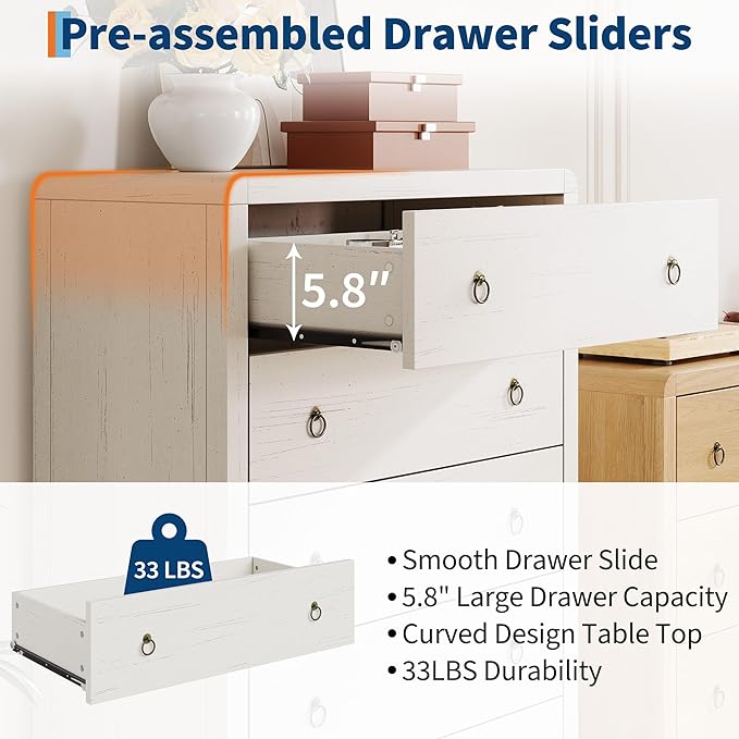 GarveeHome 5 Drawer Dresser for Bedroom, 47" Tall Modern Chest of Drawers, Curved Profile Design, Wood Drawer Organizer for Bedroom, Living Room, Hallway, Entryway, White