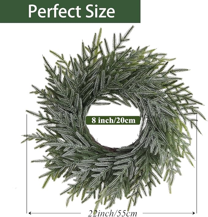 20 Inch Norfolk Pine Winter Wreath (Green & White) - Artificial Pine Greenery Christmas Winter Wreaths for Front Door Porch Wall Window Porch Fireplace Indoor Outdoor Decor Decorations