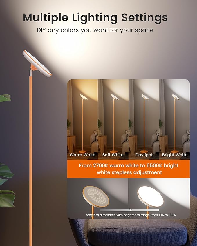 UFO Floor Lamp 71in, Upgraded 42W 3700LM LED Torchiere Floor Lamps for Living Room, Modern Tall Bright Standing Light with Remote, Dimmable Sky Light,1/2/3H Timer for Bedroom,Office(Orange)