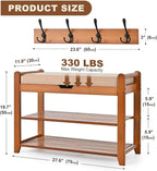 Shoe Storage Bench with Coat Rack, 27.6in Hall Tree Shoe Rack, 3-Tier Bamboo Entryway Bench Holds Up to 330lb for Bedroom Hallyway
