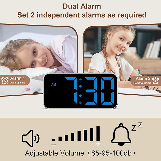 Loud Alarm Clocks for Bedrooms Heavy Sleepers, Digital Bedside Clock with Night Light, Large Display, Dual Alarm, Snooze, Dimmable for Kids Teens Boys Girls