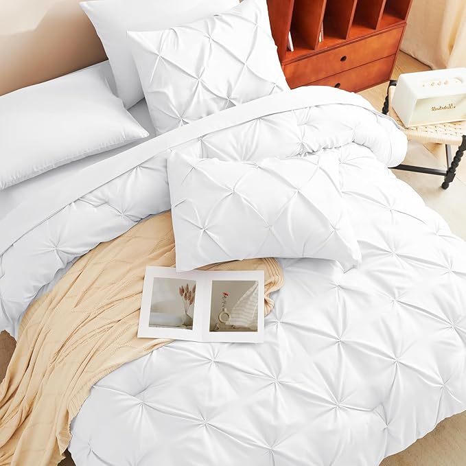 CozyLux Queen Comforter Set White, 7 Pieces Pintuck Bed in A Bag, Premium White Comforter Queen Size, Pinch Pleat Bedding Sets with Comforter, Sheets, Pillowcases & Shams