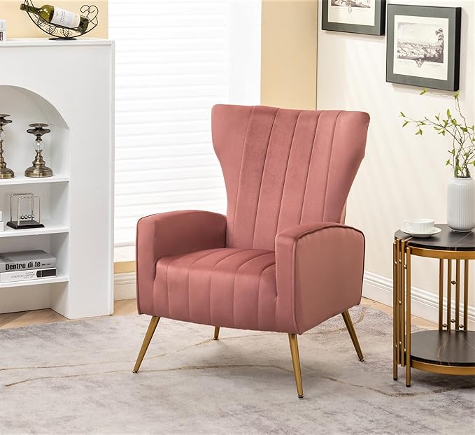 Modern Velvet Accent Chair, Channel Tufted Bedroom, Office or Living Room Furniture with Elegant Metal Legs, 26" Wide Armchair, Rose