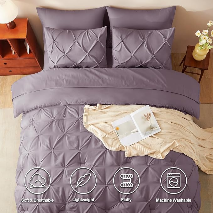 CozyLux Queen Comforter Set Grayish Purple, 7 Pieces Pintuck Bed in A Bag, Premium Purple Comforter Queen Size, Pinch Pleat Bedding Sets with Comforter, Sheets, Pillowcases & Shams