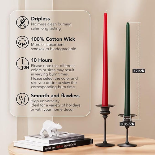 12-Inch Tall Dripless Taper Candles Set of 4 - Red and Green Tapered Candles, Perfect for Christmas - Smokeless, Unscented, Long Burning - Hand Poured, Colored Tall Candlesticks - Christmas