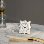 NIKKY HOME Pewter Pretty Small and Cute Vintage Table Clock with Quartz Analog Crystal Rhinestone 3 Inch for Living Room Bathroom Decoration, White Enamel
