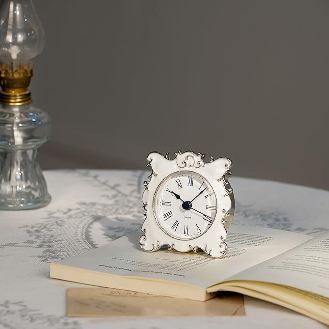 NIKKY HOME Pewter Pretty Small and Cute Vintage Table Clock with Quartz Analog Crystal Rhinestone 3 Inch for Living Room Bathroom Decoration, White Enamel
