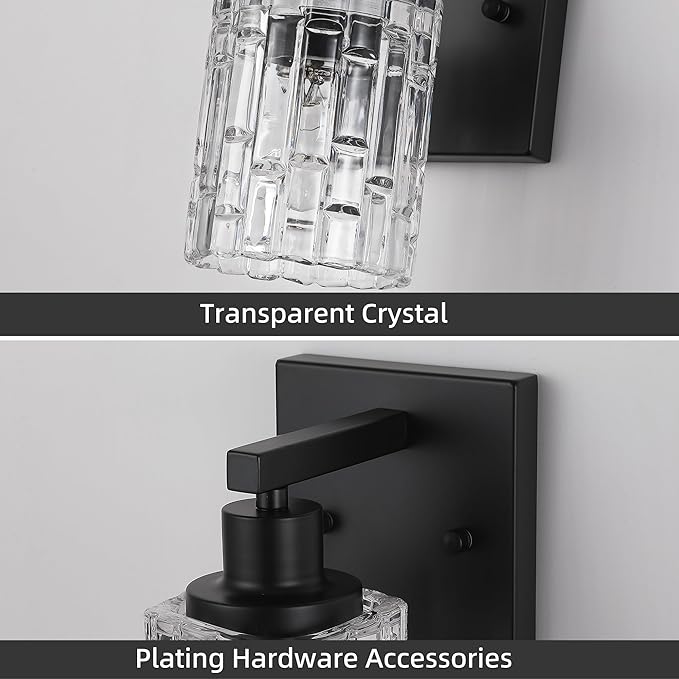 1 Light Matte Black Bathroom Vanity Light Over Mirror, Modern Vanity Lighting with Crystal Glass Shade, Wall Mount Bathroom Light Fixtures, E26 Base