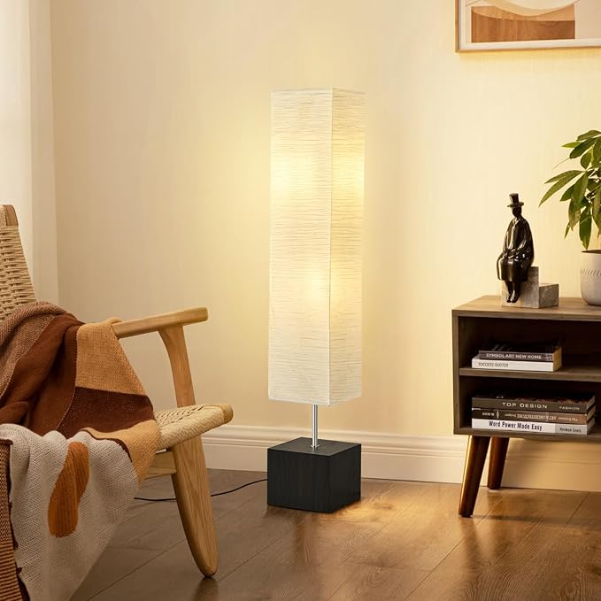 Modern Floor Lamp with Wooden Base, 58-inch Tall, White Shade, Foot Switch, 60W E26 Compatible