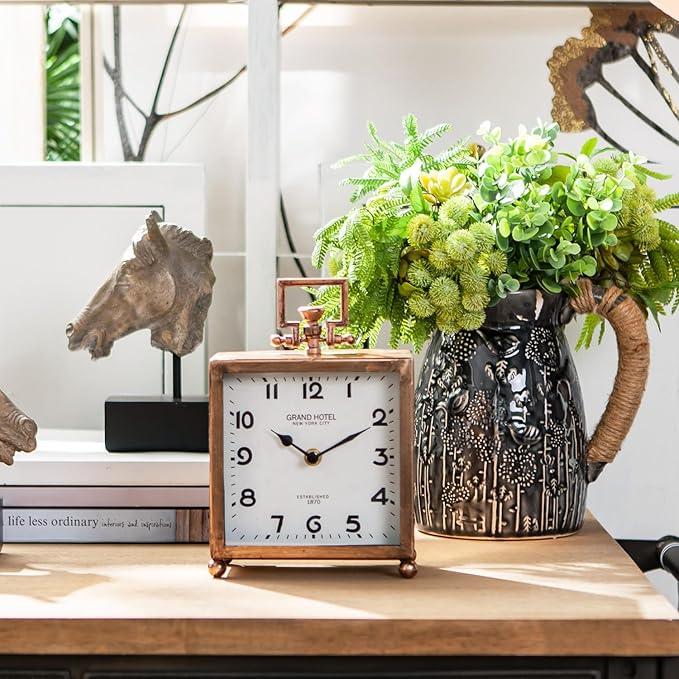 NIKKY HOME Metal Table Clock, Silent Non-Ticking Classic Battery Operated Decorative Mantel Desk Shelf Clock for Living Room Decor - Rose Gold