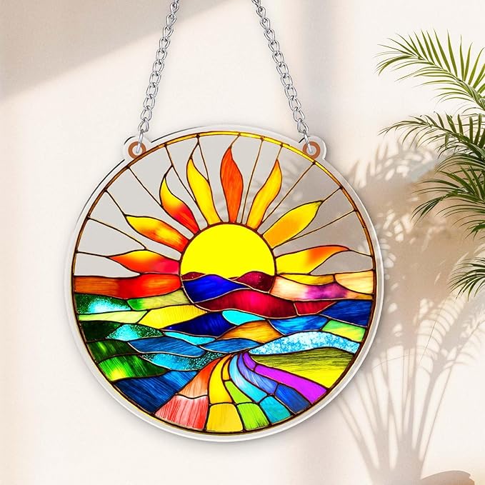 Acrylic Suncatcher for Windows, Colorful Acrylic Hanging Ornament for Indoor Home Decor, Sun Catcher with Sun Mountain Landscape, Ornament