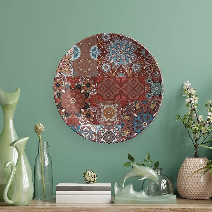 7 Inch Decorative Plate, Mandala Round Porcelain, Classic Victorian Floral Authentic Motives Tribal Print Ceramic Display Plate for Decorative Ornaments Giving Plates, 1 Plate with 1 Display Stand