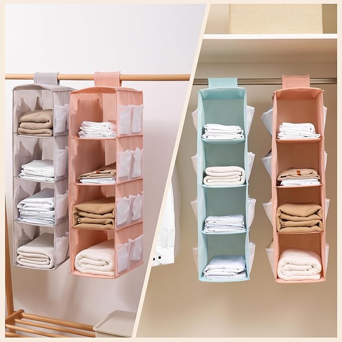 Hanging Closet Organizer, 4-Section Storage Shelves, Oxford Cloth with Mesh Pockets, (Cerulean, 3 Section)