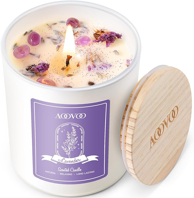 AOOVOO Lavender Scented Candles for Women - Aromatherapy Candle with Crystals Inside, 10oz Soy Candles for Home Scented, Birthday Gifts Valentines Day Candle for Women Mom