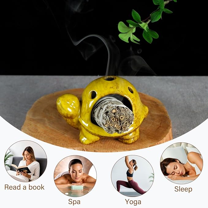 Yellow Ceramic Turtle Palo Santo Burner Holder-Mini Chiminea Incense Dish for Burning Smudge Sticks、Sage、Aromatic Santos、 Incense Cones Fits Altar &Zen Spaces,Unique Gift for Friends & Family