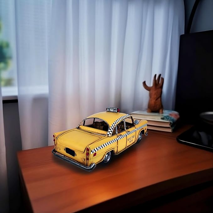 Retro Handmade Yellow NYC Classic Checkered Taxi Cab Model 11" L New York City Taxi Model Hand Made Metal Collectible Vehicle Model for Showcase Decor