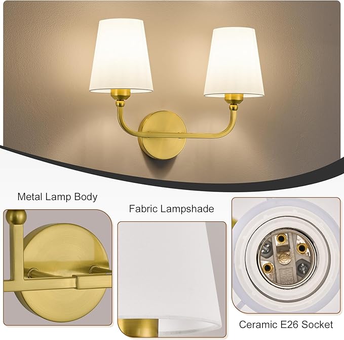 Kvhilw Bathroom Vanity Light, Brushed Gold Bathroom Light Fixtures, 2-Light Lighting Fixtures Over Miror, Modern Wall Sconce with Flared White Fabric Shade, E26 Socket(ETL Listed)
