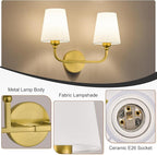 Kvhilw Bathroom Vanity Light, Brushed Gold Bathroom Light Fixtures, 2-Light Lighting Fixtures Over Miror, Modern Wall Sconce with Flared White Fabric Shade, E26 Socket(ETL Listed)