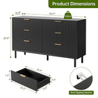 GarveeHome Black Wave Fluted 6 Drawer Dresser, Wide Wood Double Dresser with Metal Legs and Handles, Modern Chest of Drawers with Anti-Tipping Design for Bedroom Living Room Hallway