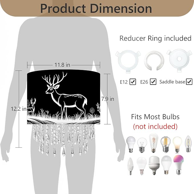 Deer & Forest Lamp Shade Acrylic Bead Droplets, Black Drum Fabric Light Shade for Ceiling Pendant Table & Floor Lamps, Decor & Gift for Wild Animal Nature Lover, 11.8in