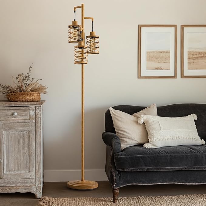 Oneach 70" Industrial Floor Lamp, Stepless Dimmable Standing Lamp with 3 Bulbs, Farmhouse Corner Standing Tree Lamp for Living Room, Tall Lamps for Bedroom, Office, Study Room, Dining Room, Wood Grain