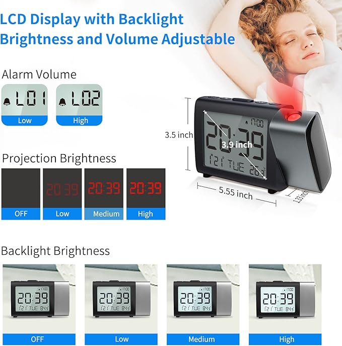 Projection Alarm Clock for Bedroom: Digital LCD Clock with Temperature Date Snooze 12/24H and Weekend Mode, Easy Set Dimmer Clock with 2-Levels Volume, Mains and Battery Operated