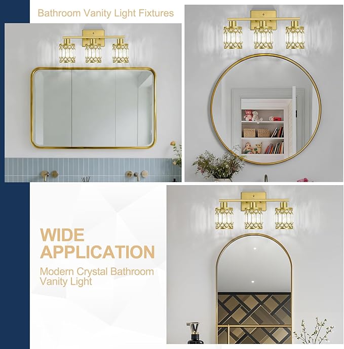 Crystal Modern Bathroom Light Fixtures, 3-Light Brushed Gold Bathroom Vanity Wall Light, Vanity Lights for Mirror, Restroom, Bedroom (E26 Socket, Bulbs Not Included)