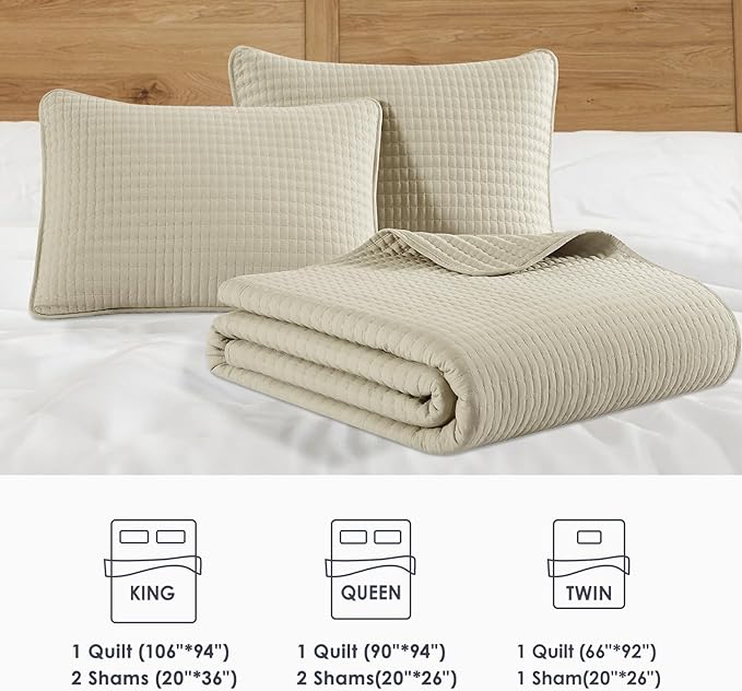 WRENSONGE Queen Quilt-3 Pieces Lightweight Bedspreads Beige Queen Size Quilt Bedding Set for All Seasons,Soft Summer Coverlet with 2 Pillow Shams, Couch