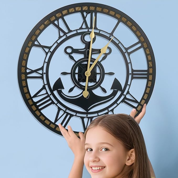 24 Inch Wall Clock, Anchor Wall Clock, Silent Non Ticking, Battery Operated Large Decor Clocks for Living Room Decor, Kitchen, Office (Nautical Style)